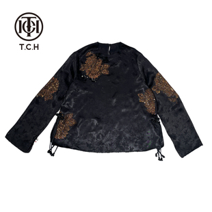 T.C.H/时尚轻奢新中式烫钻黑色复古休闲长袖衬衫T72A08E9010