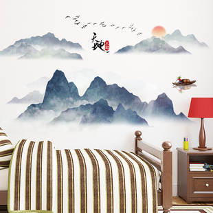 墙贴水墨风景山水古典意境新中式客厅卧室电视沙发背景墙上装饰画