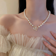 韩国东大门时尚个性珍珠镶钻花朵项链颈链锁骨链网红气质项饰