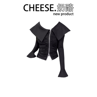 CHEESE 奶酪 披肩娃娃领斜喇叭袖T恤女秋季时尚修身气质短款开衫