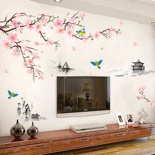 中式房间客厅沙发卧室床头，电视柜牡丹梅花墙贴装饰画