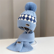 儿童针织帽子围巾套装男女，冬季加厚绒毛线，保暖护耳两件套头帽