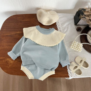 韩式婴幼儿套装春秋针织，荷叶边撞色上衣女宝宝，洋气毛球短裤两件套