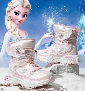 女童雪地靴冬季防水女孩棉靴卡通公主儿童加绒加厚保暖东北大棉鞋