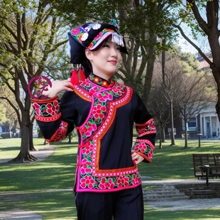 绣花彝族女装高档蚕丝，面料民族服装长袖上衣梅花，领子蚕丝单衣