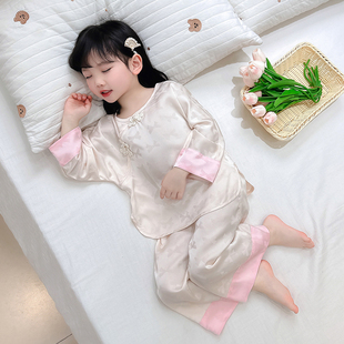 女童睡衣2024春秋，国风真丝套装中小童女宝宝家居服款式两件套