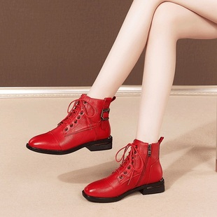 红色短靴女真皮2023秋冬季女鞋平底系带单靴子加绒短筒马丁靴