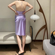 fl夏新缎面木槿紫设计感肩带荡领性感，吊带修身真丝连衣裙短裙女