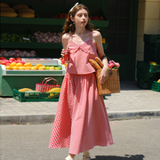 MintCheese 夏季法式浪漫少女 田园红格子吊带 拼接半身裙套装