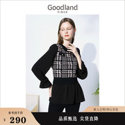 goodland美地女装冬季撞色羊毛混纺，千鸟格假两件针织衫公主袖上衣