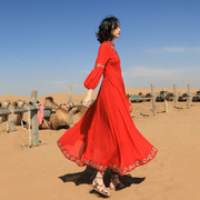 仙女复古民族风沙漠长裙红色连衣裙旅游拍照旅行海边度假女装