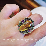ninisn泰国入意大利工艺大颗异域夸张黄水晶戒指沙弗莱红宝石纯银