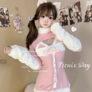 Miubby「粉绒喵喵」日系萝莉软萌猫咪毛绒抹胸裙套装可爱居家睡裙