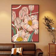现代中古风粉色郁金香，客厅玄关装饰画，背景墙壁画竖版简约花卉挂画
