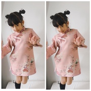 国潮女童旗袍改良版粉色，中式连衣裙长袖春秋季儿童，唐装裙子汉服