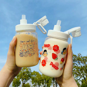 网红吸管玻璃杯密封便携个性水杯清新可爱少女杯子夏季学生牛奶杯
