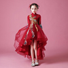 女童晚礼服中国风花童公主，裙儿童走秀高端主持演出服红色拖尾高级