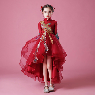 女童晚礼服中国风花童公主裙，儿童走秀高端主持演出服红色拖尾高级