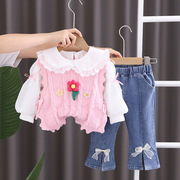 婴儿秋装套装2023洋气，小女童秋季时尚女宝宝，衣服潮儿童三件套