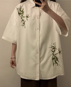 新中式国风短袖衬衫女高级感衬衣冰丝外套夏季薄款大码胖mm上衣服