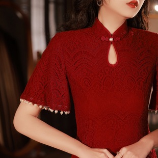 贝之韵2023年春季红色蕾丝，旗袍气质优雅年轻款公司年会晚礼服