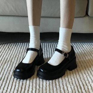 黑色法式粗跟厚底小皮鞋，女2024春秋季日系jk增高玛丽珍单鞋子(单鞋子)
