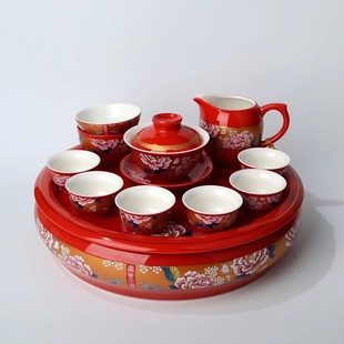 景德镇瓷器中国红牡丹工夫茶具盖碗陶瓷中式婚庆定制茶杯