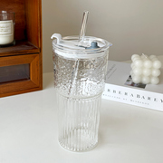 玻璃杯北欧风透明竖纹喝水杯大容量高颜值果汁，杯带盖带吸管牛奶杯