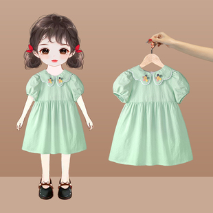 女童连衣裙2024夏季女宝宝洋气时尚甜美小童裙子绿色纯棉短袖