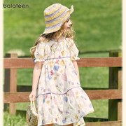 巴拉女童夏季短袖连衣裙雪纺，高端时尚女孩公主裙，儿童洋气印花长裙