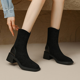 5cm法式女靴子40-43大码绒面，短靴粗跟复古英伦，风欧美后拉链春秋冬