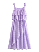 欧美2022夏季宽松显瘦百搭法式紫色，格子层叠系带连衣裙长裙女
