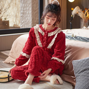 红色睡衣女秋冬季加厚珊瑚绒大码本命年冬天法兰绒保暖家居服套装