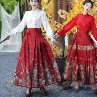 新中式改良汉服红色马面裙，两件套秋冬大码新娘回门服敬酒订婚裙子