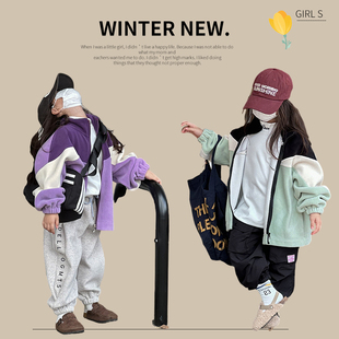 女童奥粒绒外套2023秋冬季儿童，韩版拼色加绒加厚棉衣洋气冬装