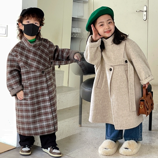 韩版2022男女童双面羊绒，冬装加厚呢子外套，中长款设计师款大衣