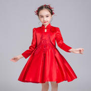 儿童礼服春秋款大红色中大童装连衣裙长袖女童公主裙2件套装韩版