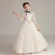 女童蓬蓬纱主持人公主裙仙气儿童礼服白色，婚礼小女孩中袖演出服女