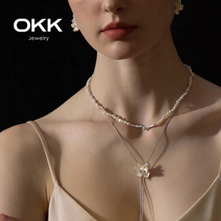 okk海棠花复古925银，甜美珍珠锁骨自由调节双层项链