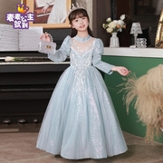 迪斯尼公主裙女童主持人礼服，高级感人鱼姬，蓝色连衣裙钢琴演讲比赛