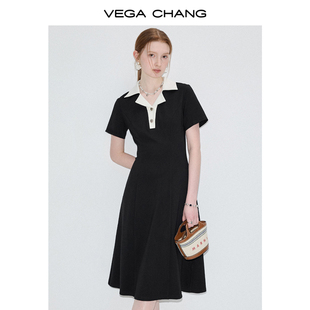 vegachang黑色连衣裙，女2024年夏季设计感撞色polo领复古裙子