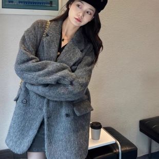 大衣女款2023秋冬季高级感小个子短款灰色羊毛呢子西装厚外套