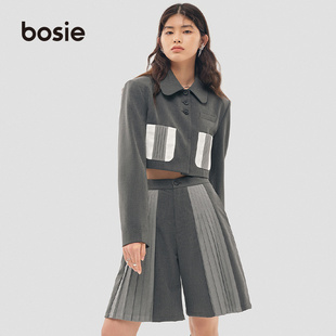 bosie灰色短款西装外套女小个子裙子小众设计时尚西装短裤套装潮