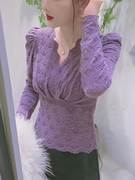 香港TIMO洋气小衫紫色内搭蕾丝衫女装V领高级秋冬打底衫上衣