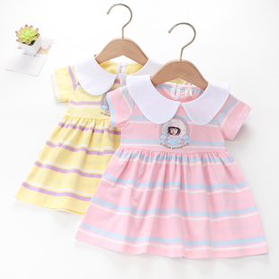 童装女童连衣裙2024夏季纯棉彩色，条纹小宝宝，裙子韩版洋气短袖