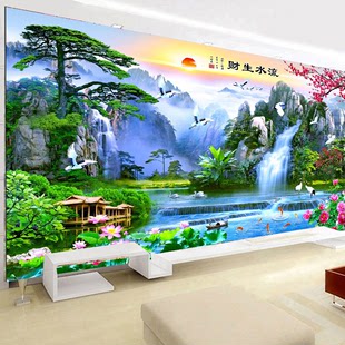 3d无纺布流水生财大型壁画5D客厅沙发电视背景墙壁山水风景墙布8D