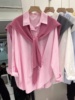 粉色衬衫女春秋欧货小个子披肩两件套衬衣中长款polo领糖果色上衣