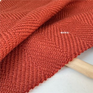 复古显白砖红色人字纹小香风套装编织粗纺羊毛大衣裤子设计师布料