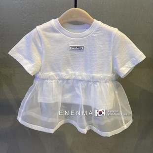 韩国童装2024夏装款女童拼接网纱短袖上衣儿童女宝宝洋气宽松T恤
