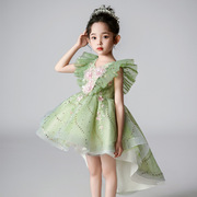 2024网纱公主裙中大童装，连衣裙六一儿童，表演服装绿色燕尾礼服